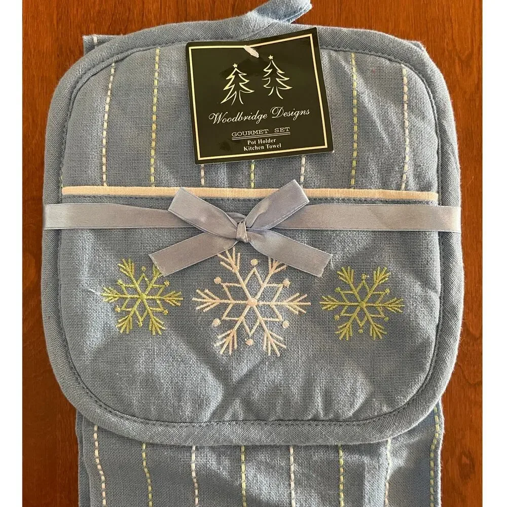 Woodbridge Designs Blue Winter Holiday Snowflake Kitchen Towel Potholder Set NEW